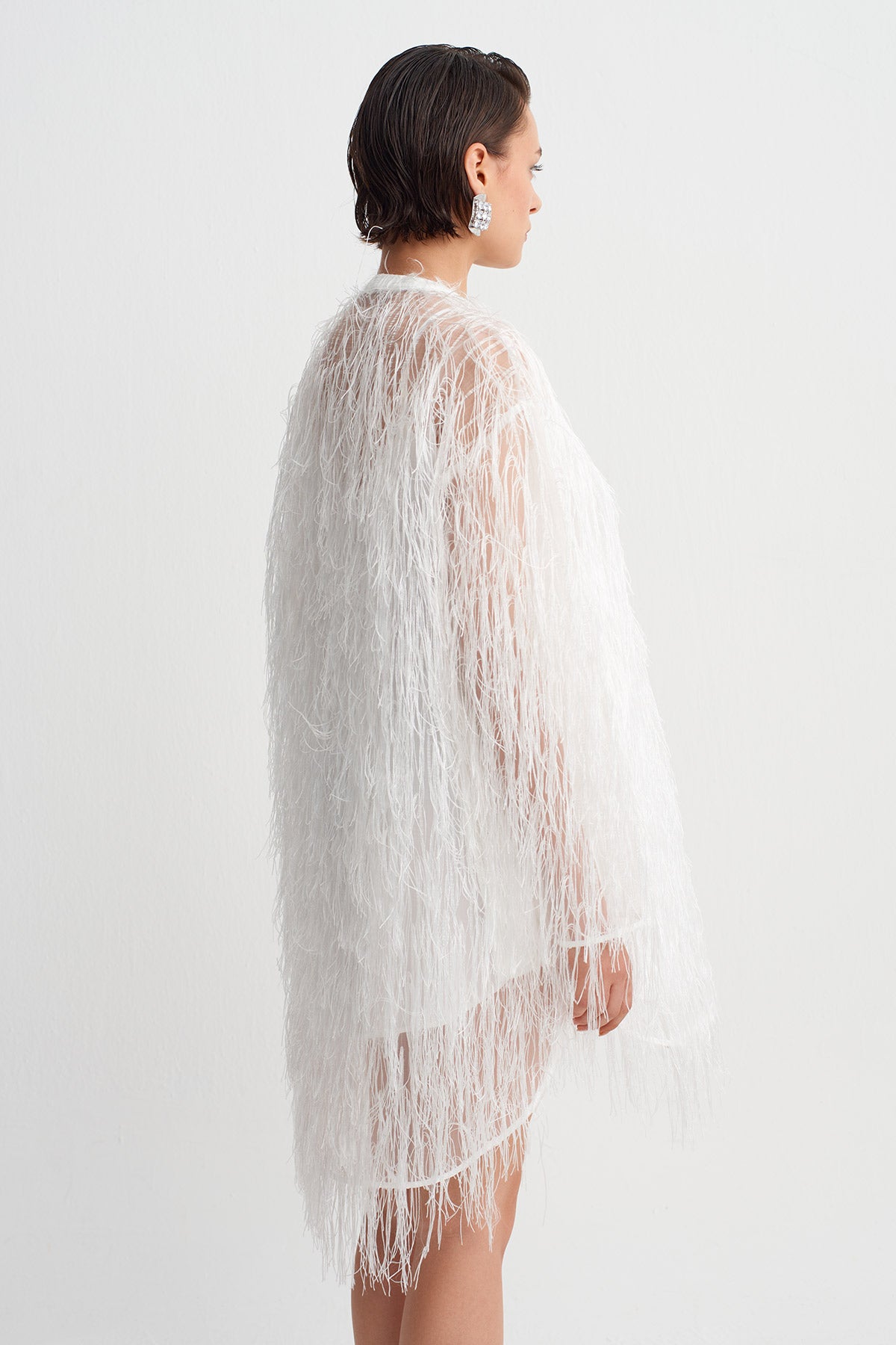 Off White Fringed Mini Dress-Y264014121