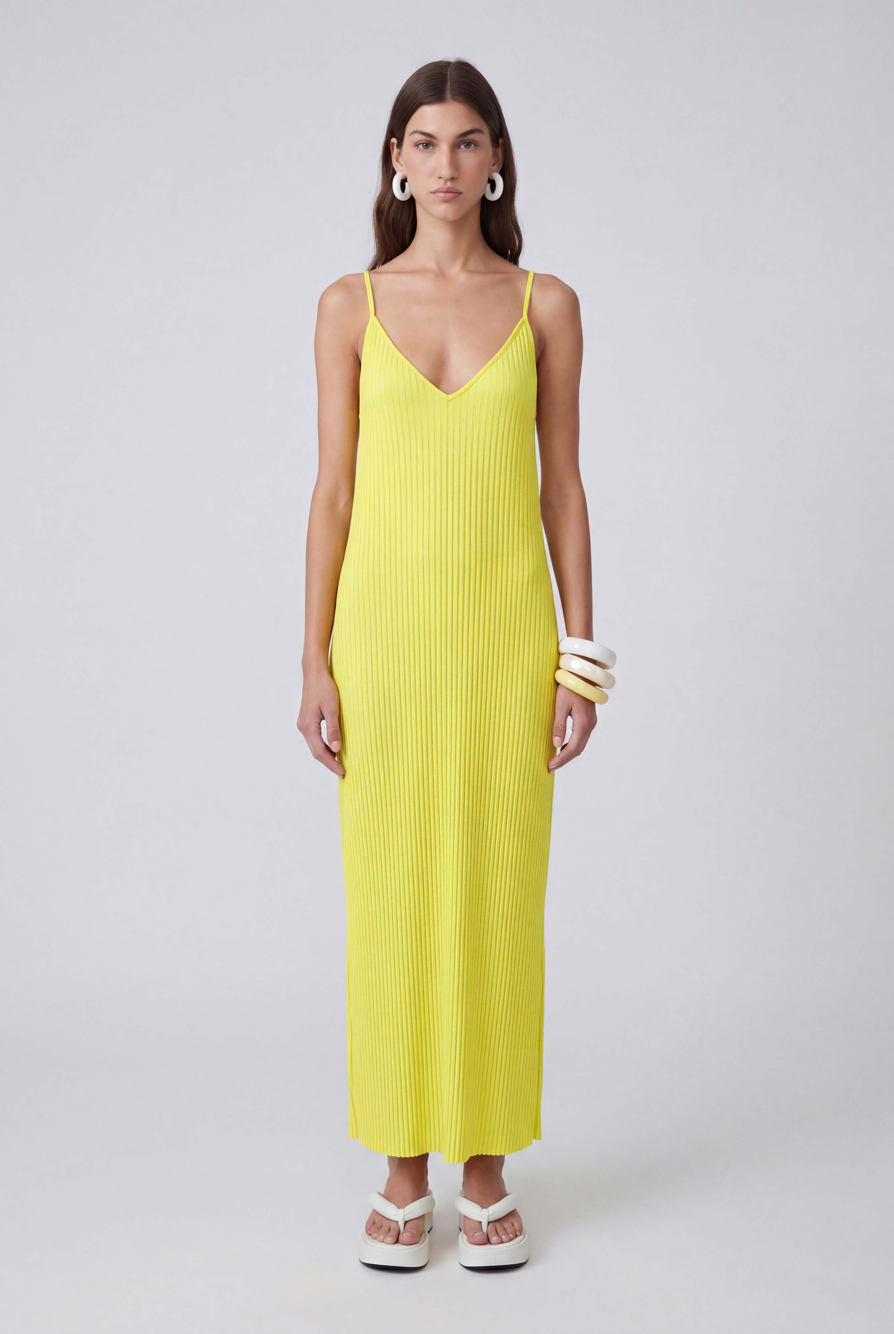 Yellow Spaghetti Strap Jersey Pleated Dress-Y264014126
