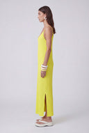 Yellow Spaghetti Strap Jersey Pleated Dress-Y264014126