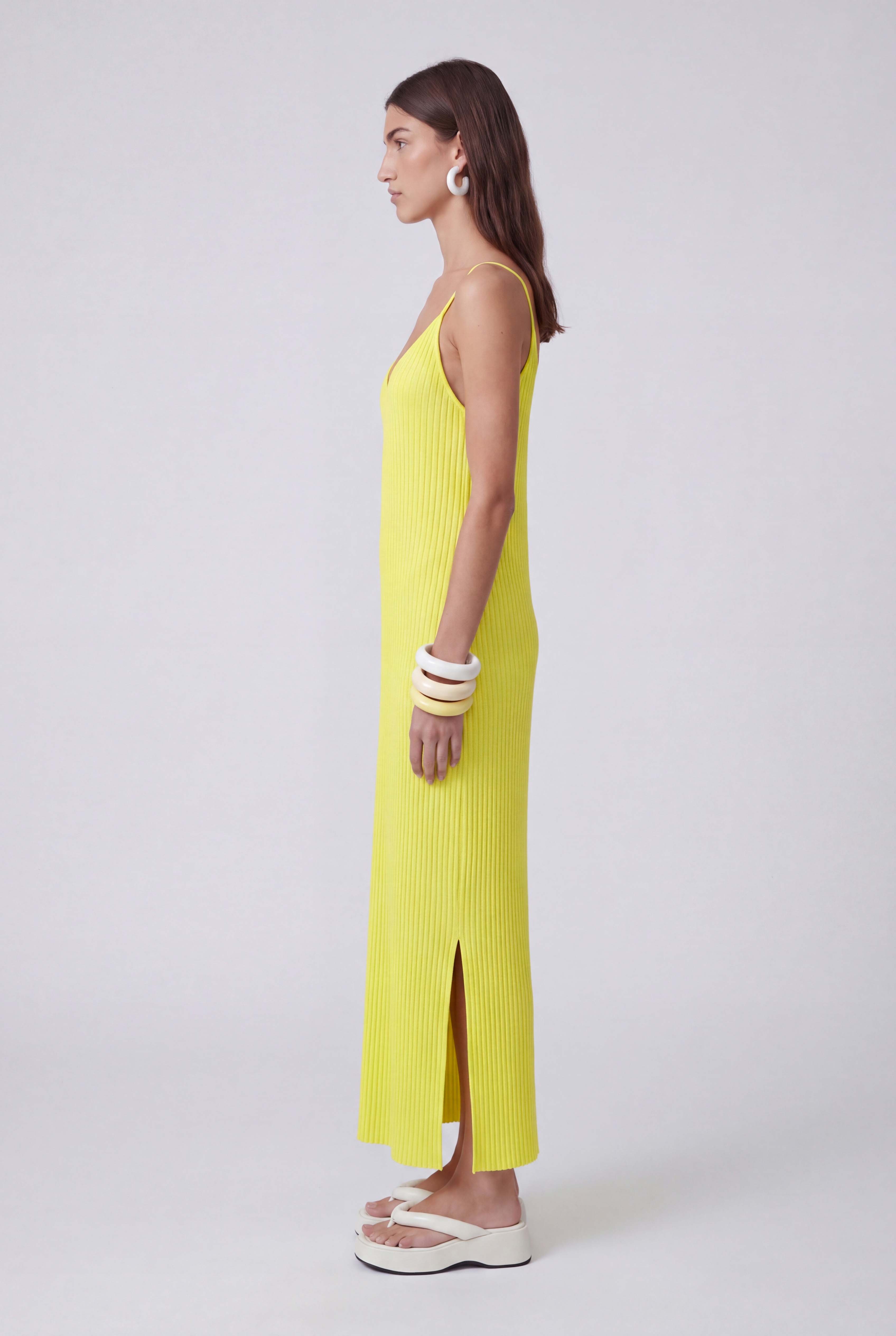 Yellow Spaghetti Strap Jersey Pleated Dress-Y264014126