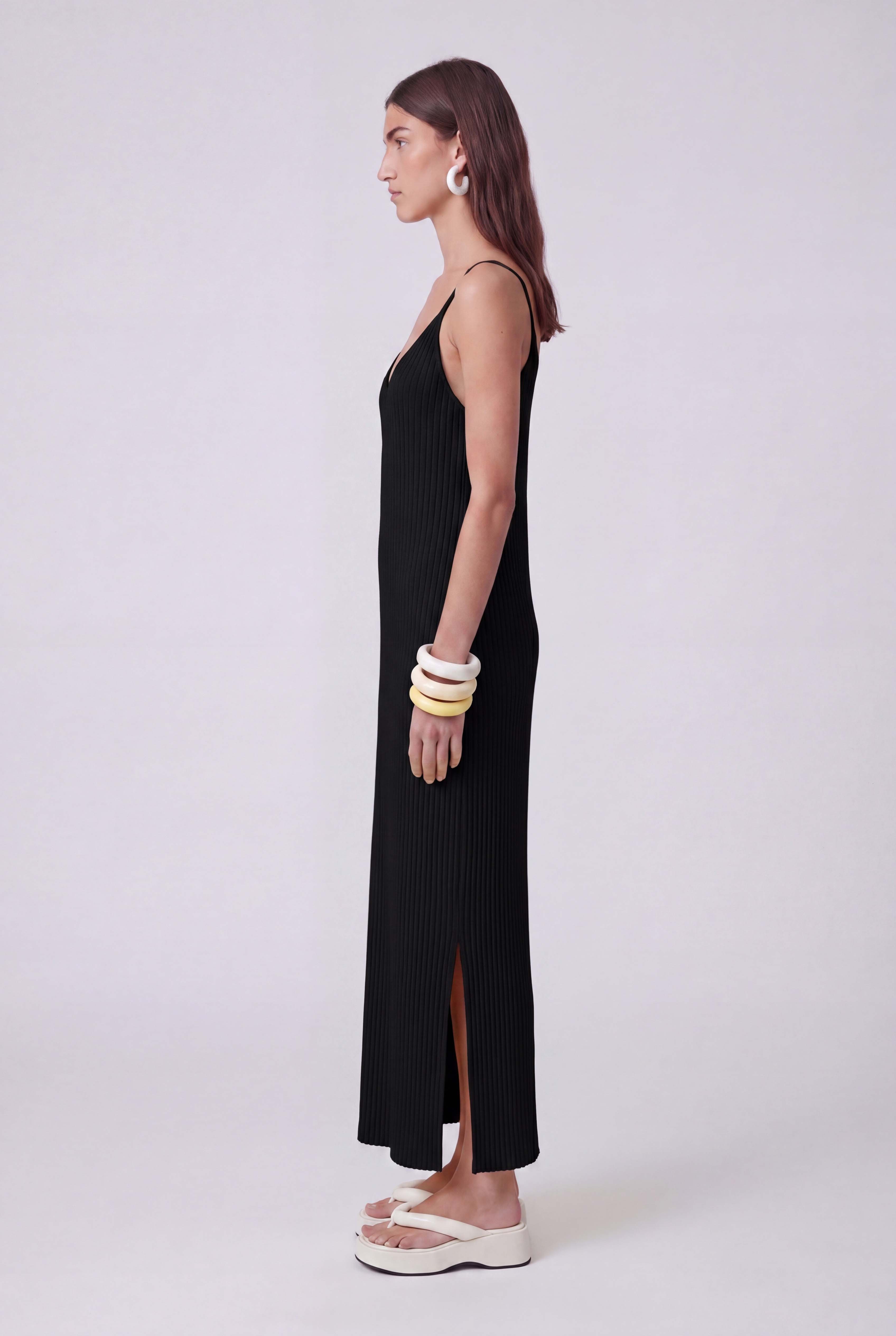 Black Spaghetti Strap Jersey Pleated Dress-Y264014126
