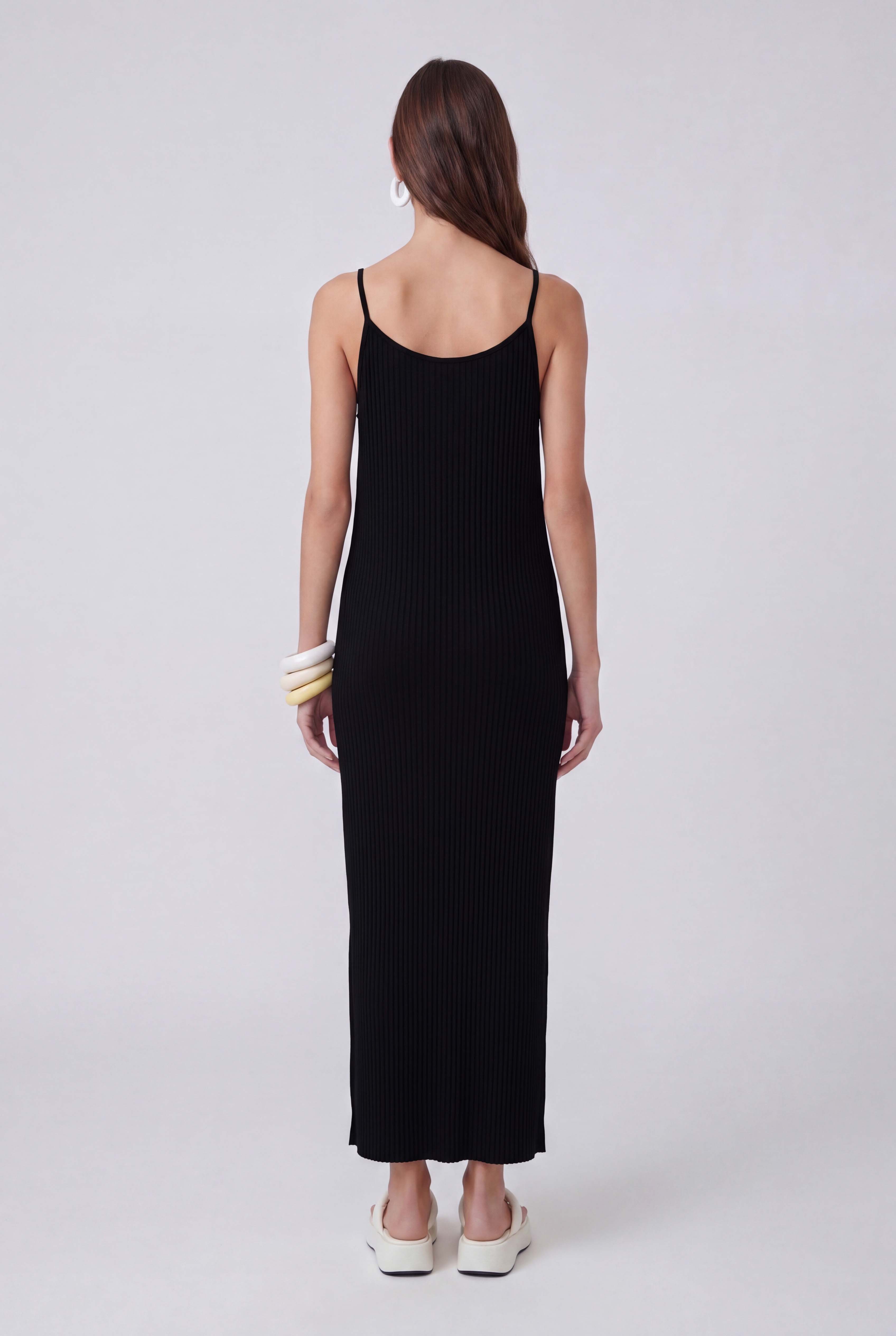 Black Spaghetti Strap Jersey Pleated Dress-Y264014126