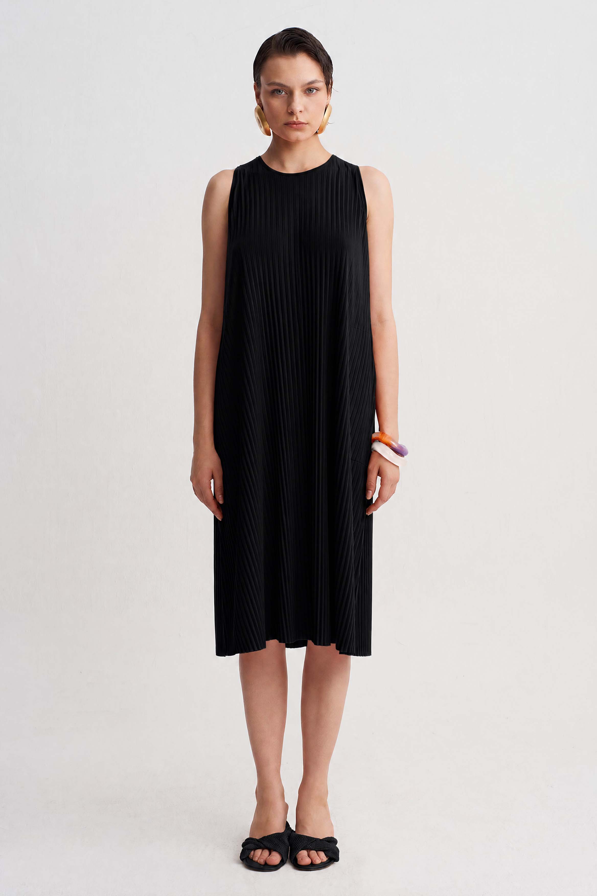 Black Jersey Pleated Midi Dress-Y264014127