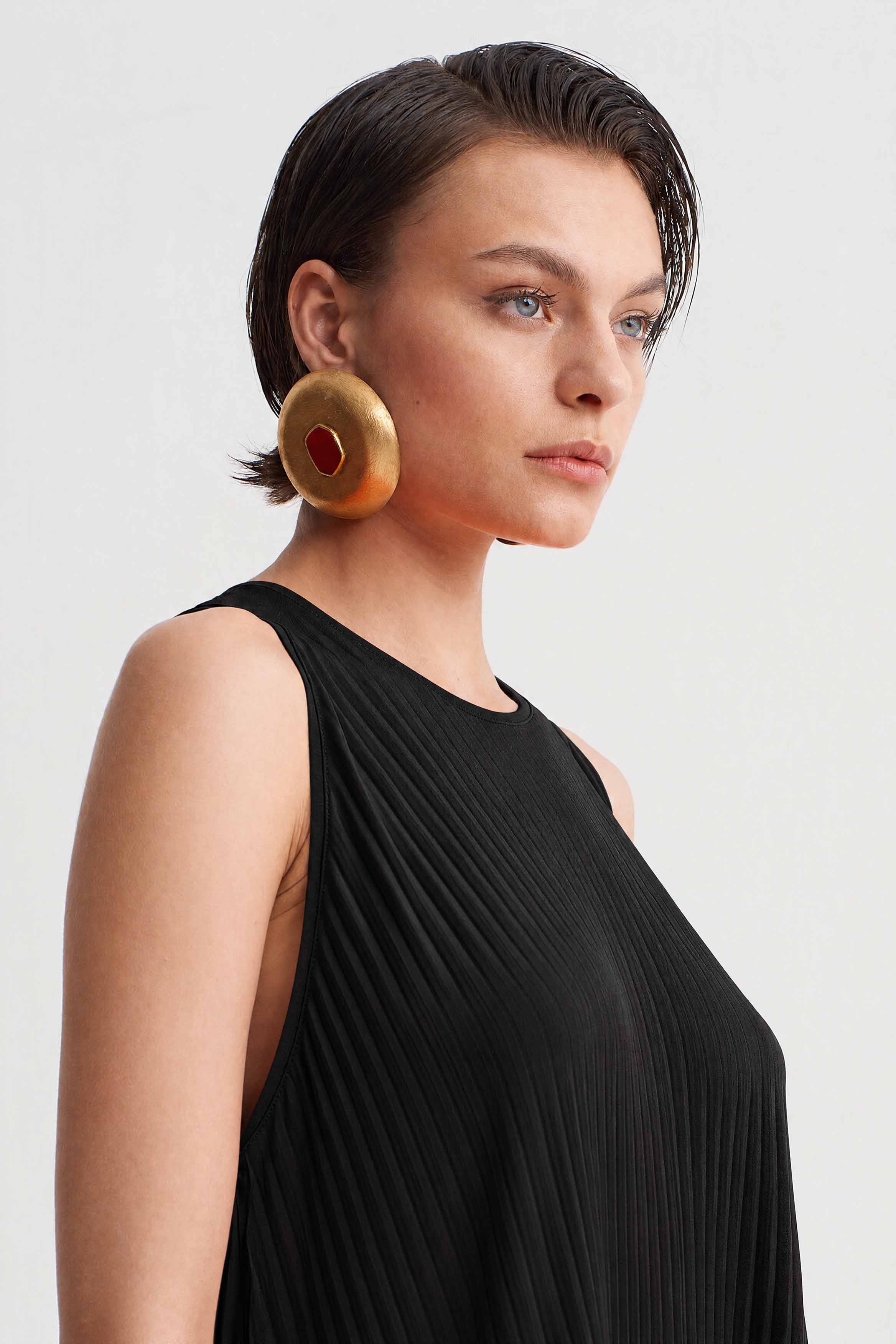 Black Jersey Pleated Midi Dress-Y264014127