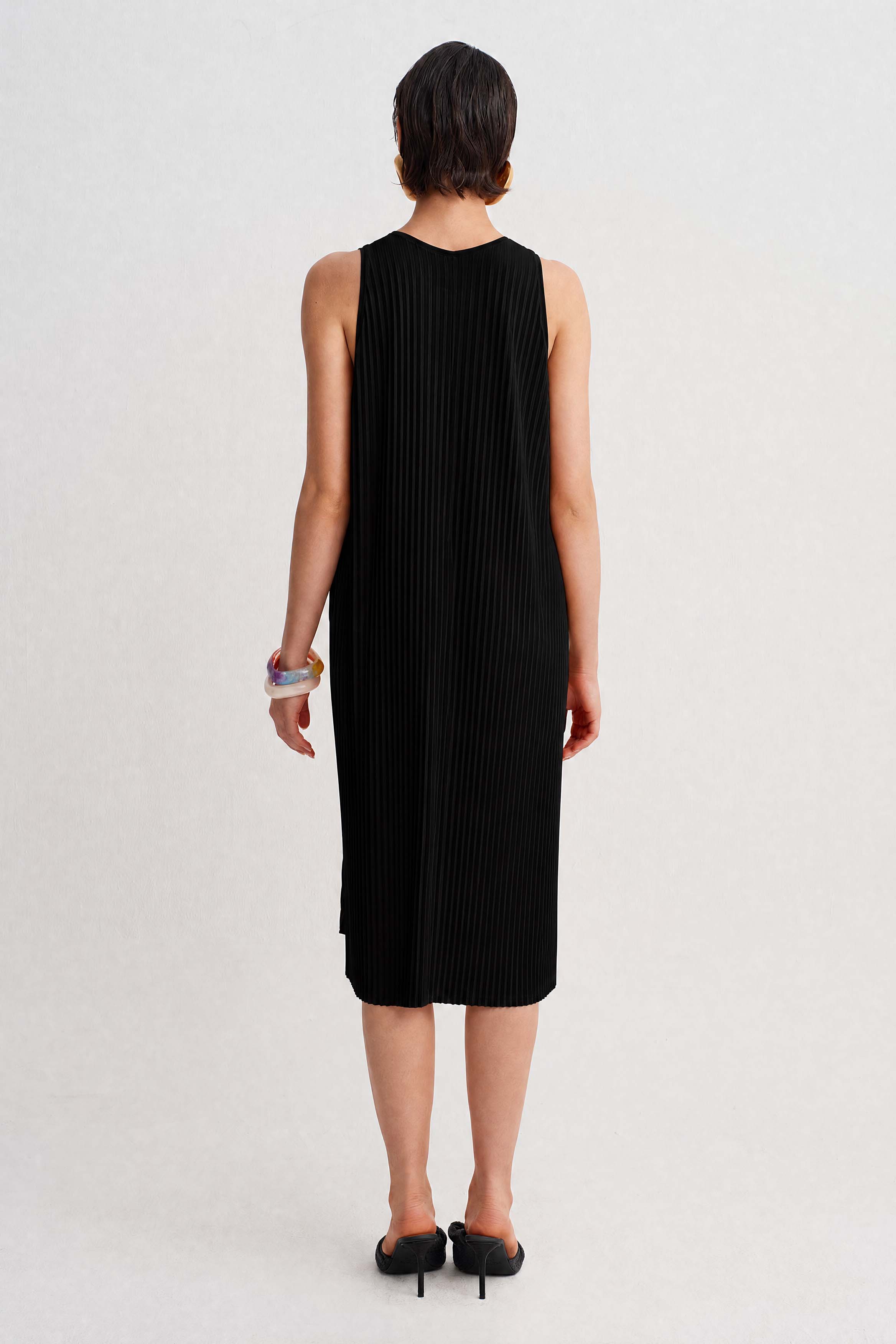 Black Jersey Pleated Midi Dress-Y264014127