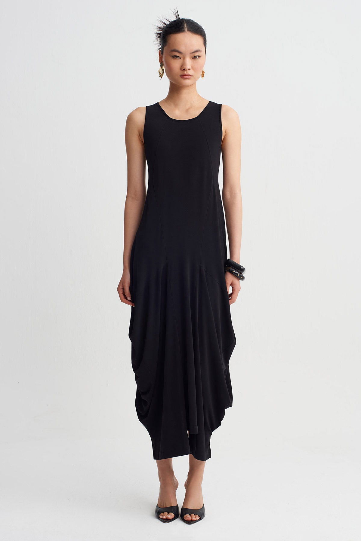 Black Draped Detail Long Jersey Dress-Y264014140
