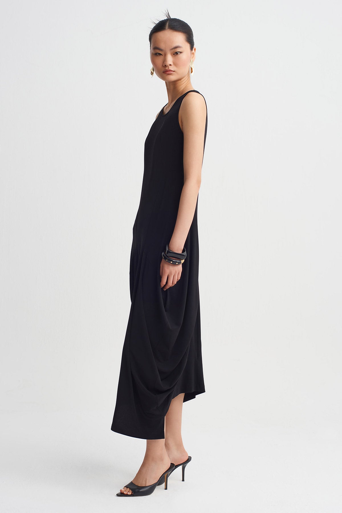 Black Draped Detail Long Jersey Dress-Y264014140