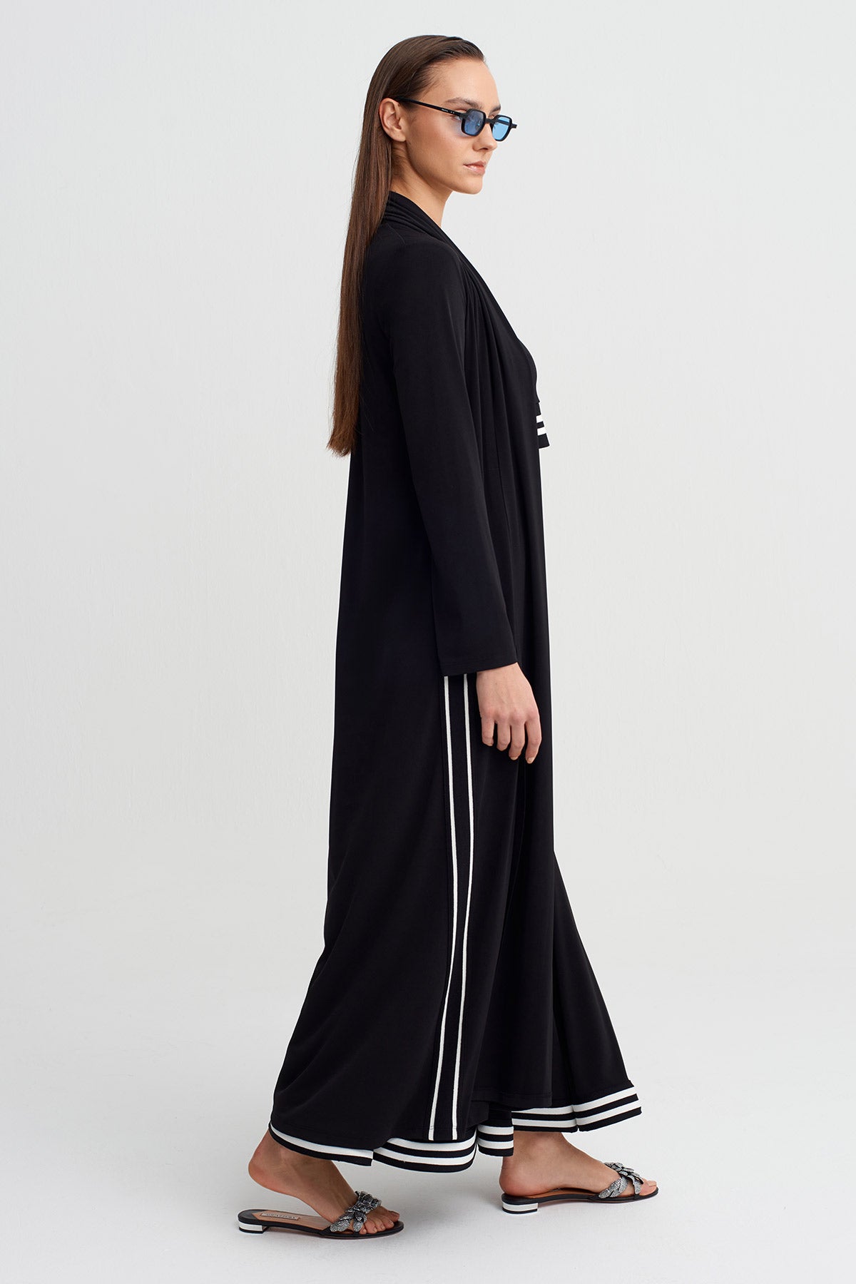 Black Stripe Detailed Long Jersey Cardigan-Y265015002