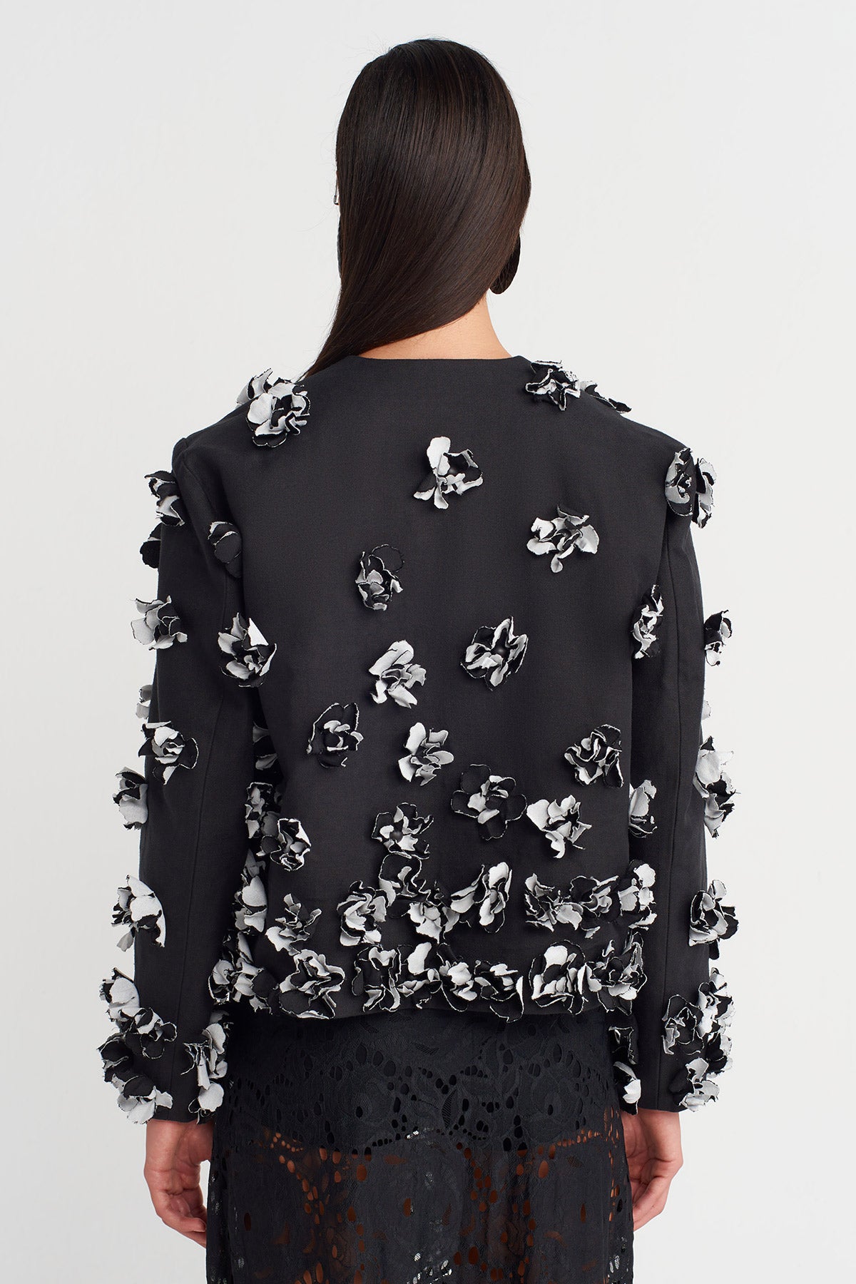 Black / White Floral Embellished Jacket-Y265015010