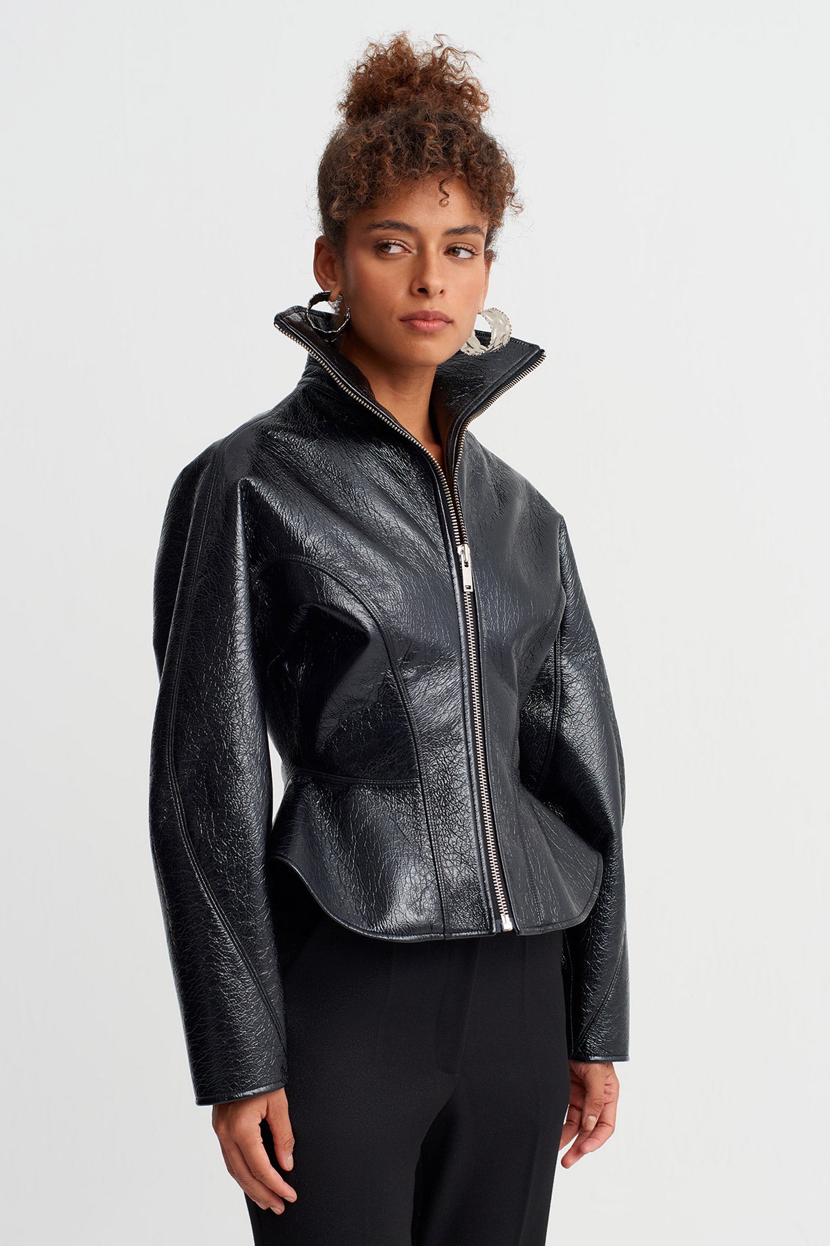 Black Stand Collar Fitted Waist Glossy Jacket.-Y265015018