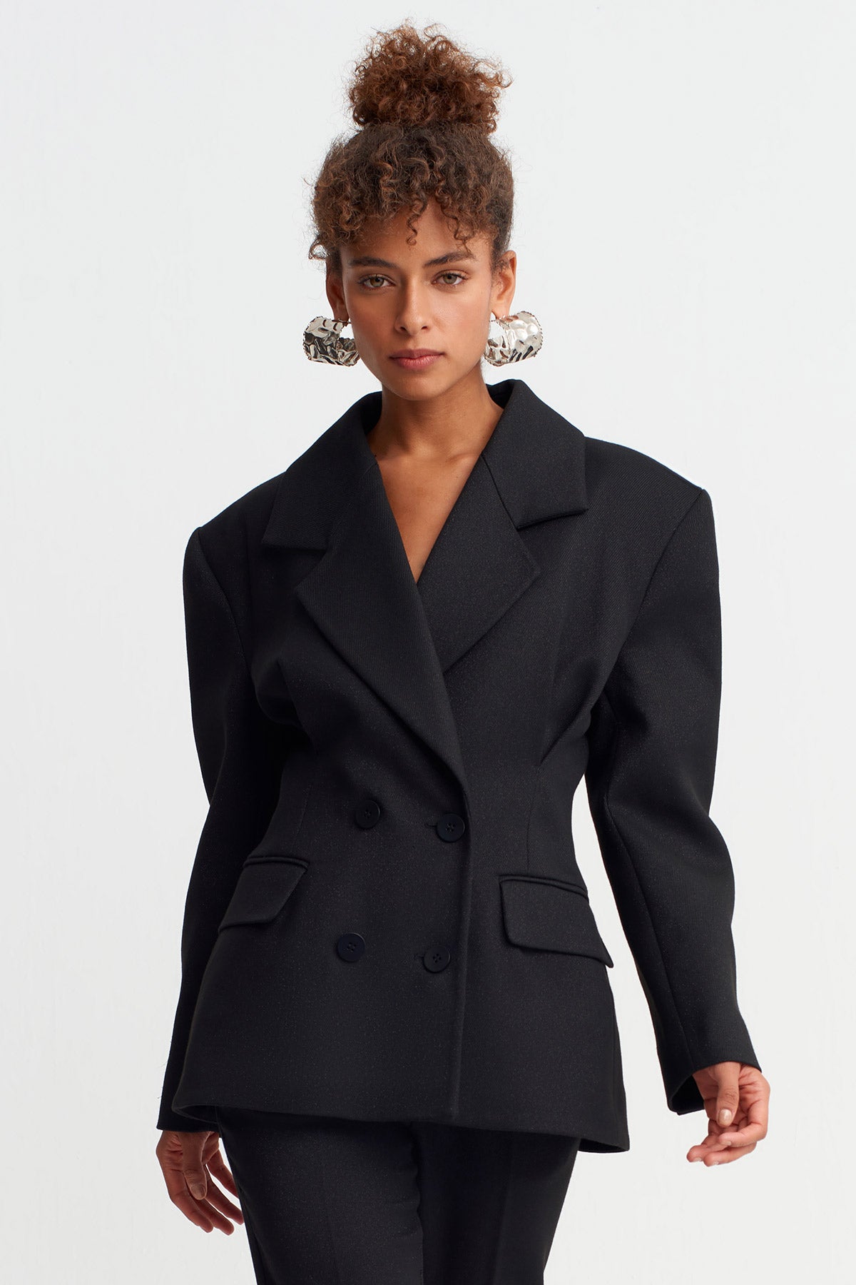 Black Waist-Fitted Double-Breasted Jacket-Y265015020