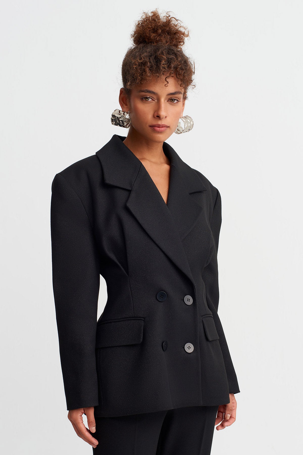 Black Waist-Fitted Double-Breasted Jacket-Y265015020