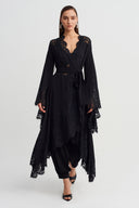 Black Lace Detailed Tie-Waist Jersey Kimono-Y265015057