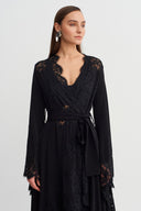 Black Lace Detailed Tie-Waist Jersey Kimono-Y265015057