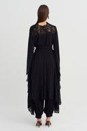 Black Lace Detailed Tie-Waist Jersey Kimono-Y265015057