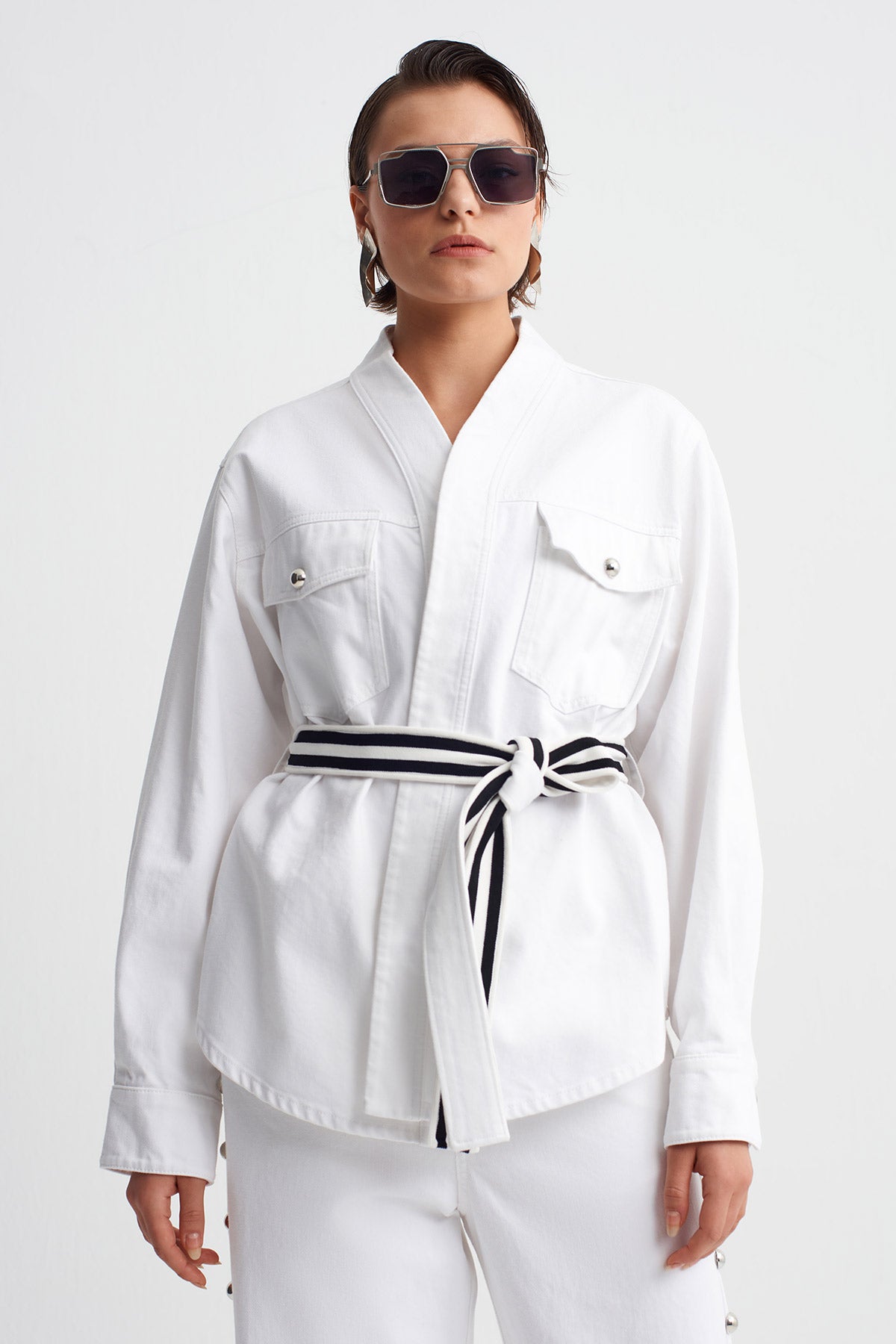 Off White Belted Shirt Jacket-Y265015076