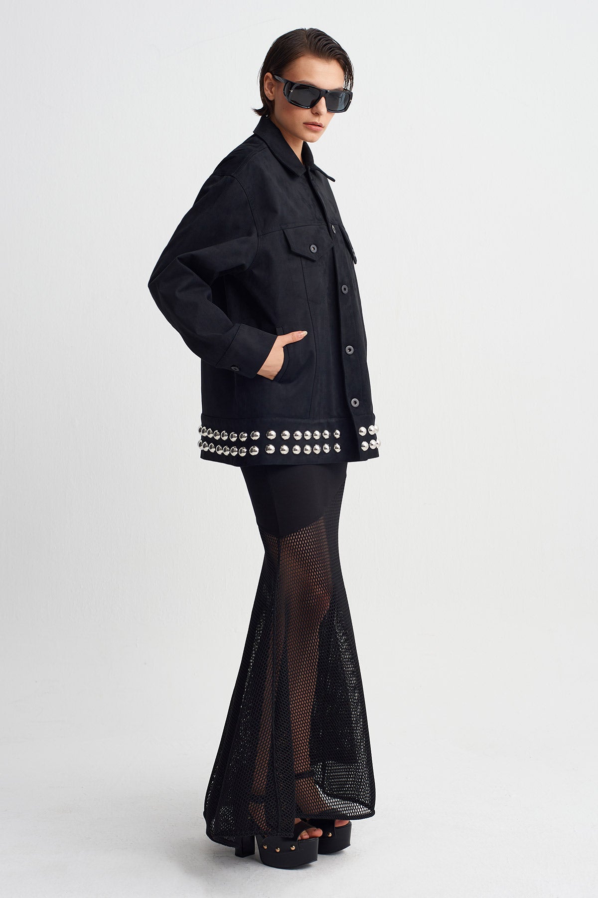 Black Studded Suede-Texture Jacket-Y265015077