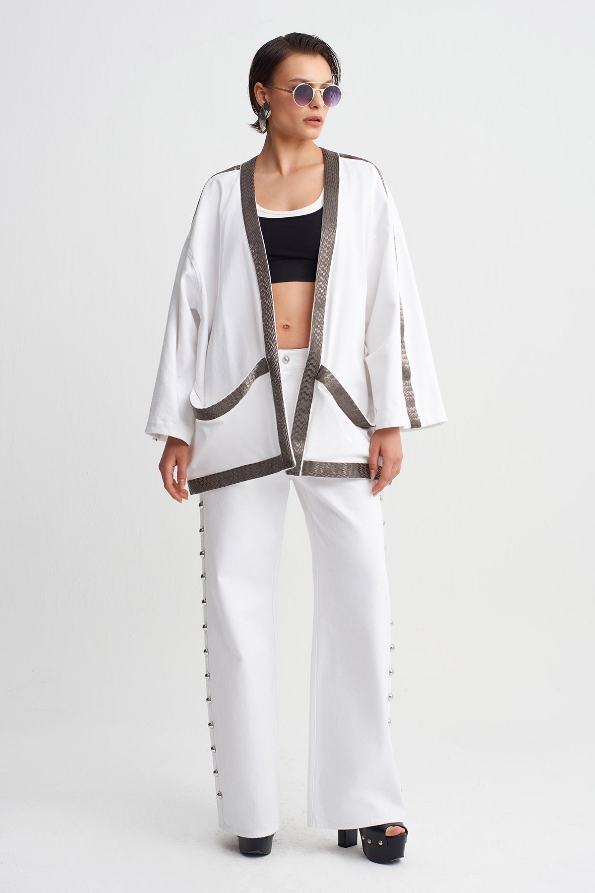 Off White Kimono with Embellished Edges-Y265015079