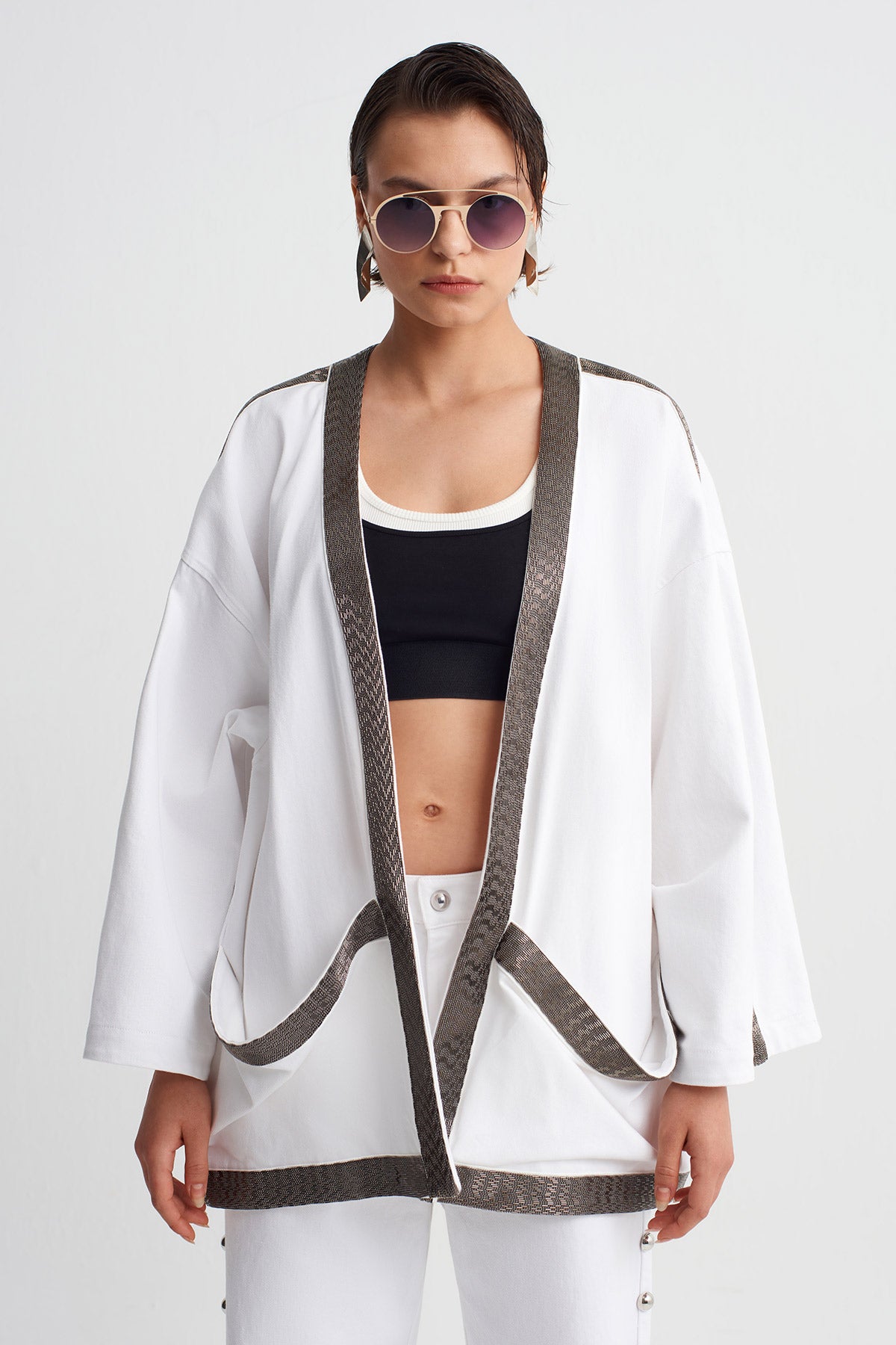 Off White Kimono with Embellished Edges-Y265015079