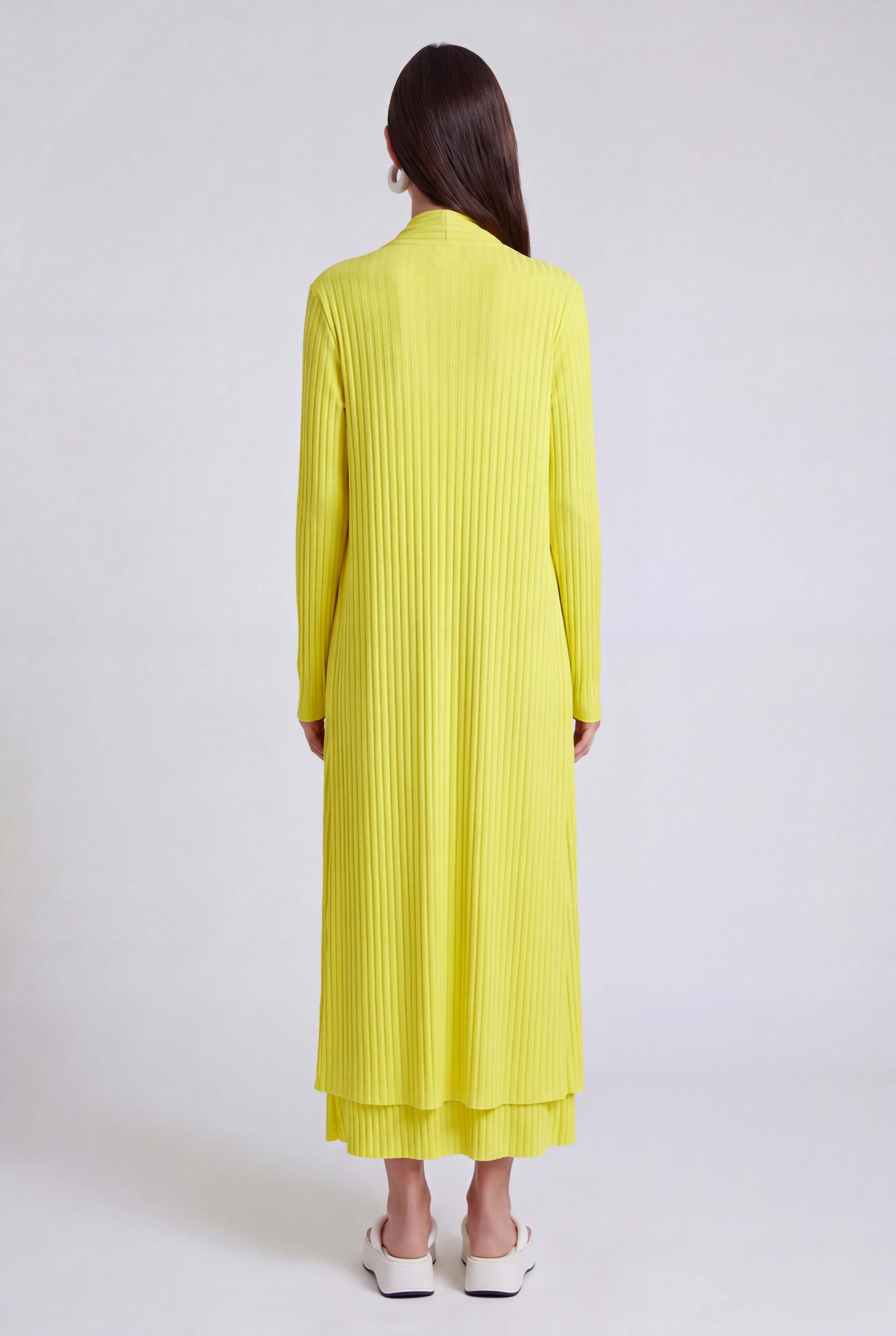 Yellow Long Jersey Pleated Cardigan-Y265015082