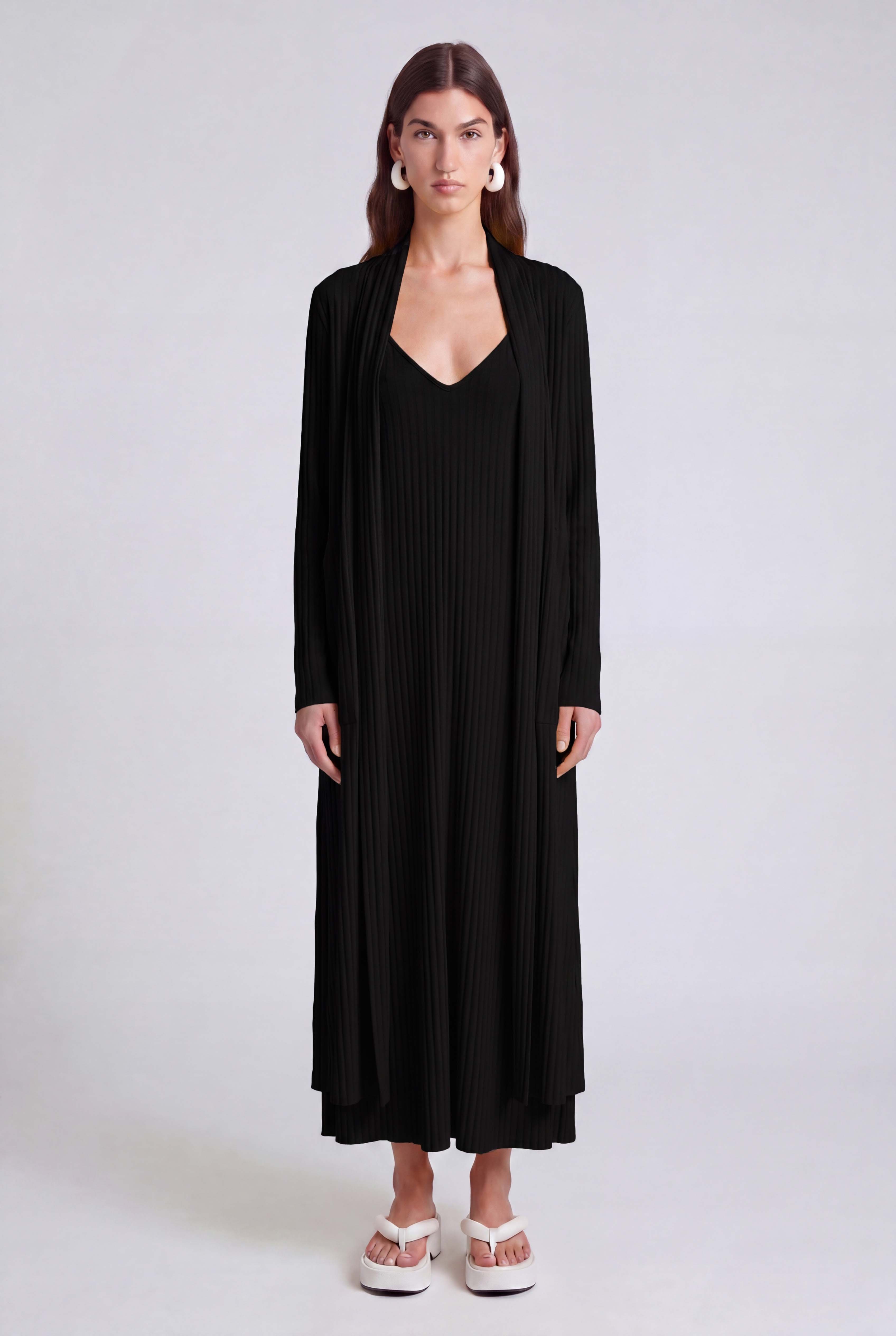 Black Long Jersey Pleated Cardigan-Y265015082
