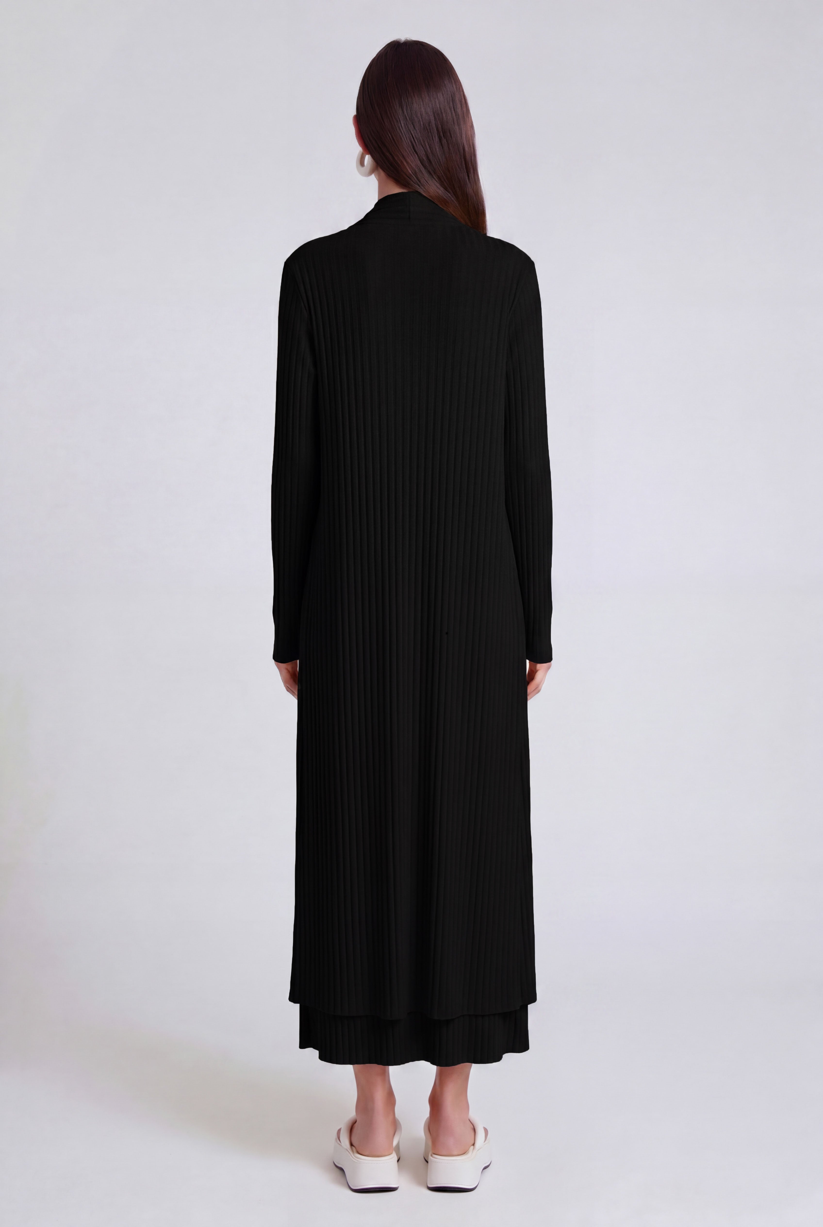 Black Long Jersey Pleated Cardigan-Y265015082