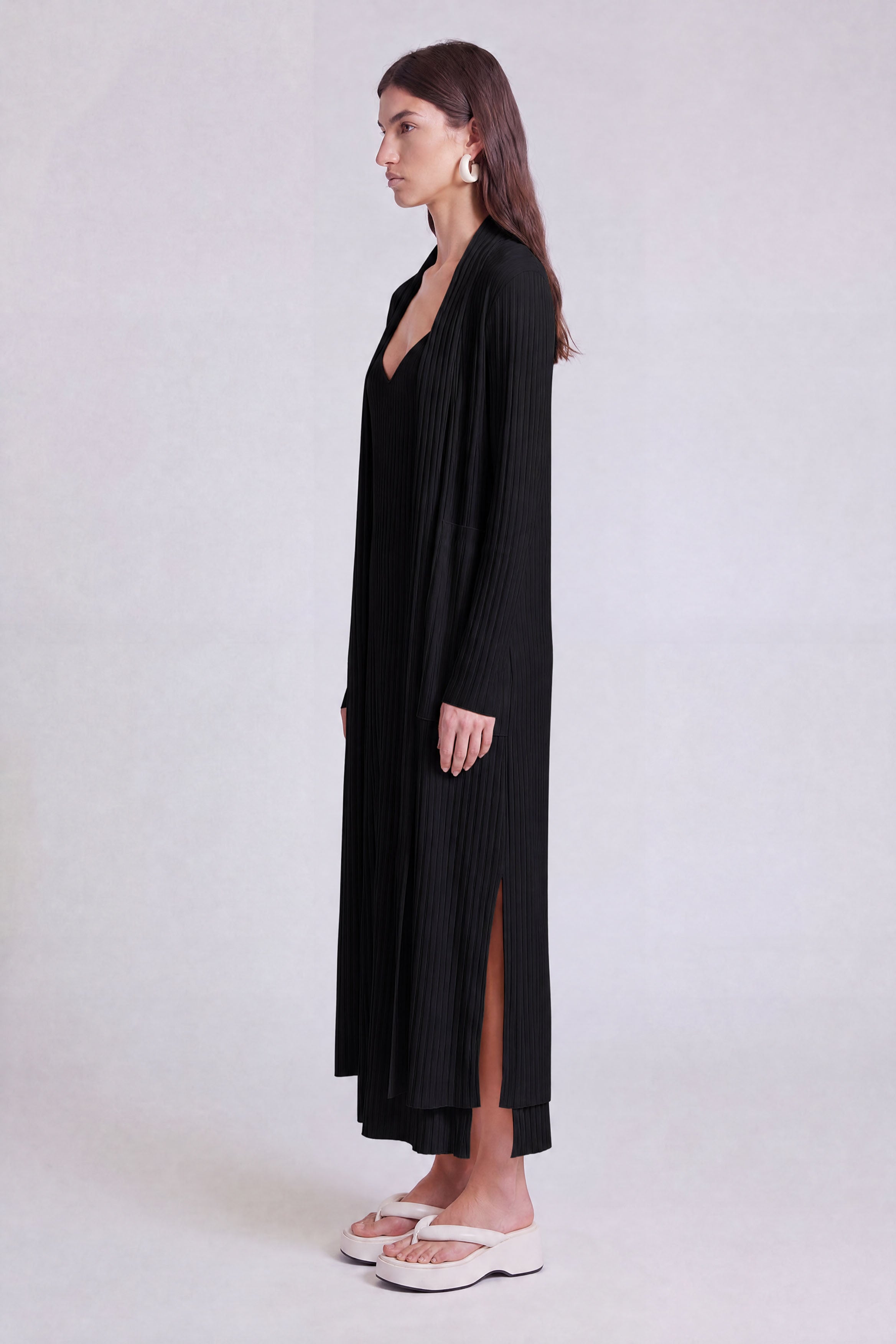 Black Long Jersey Pleated Cardigan-Y265015082