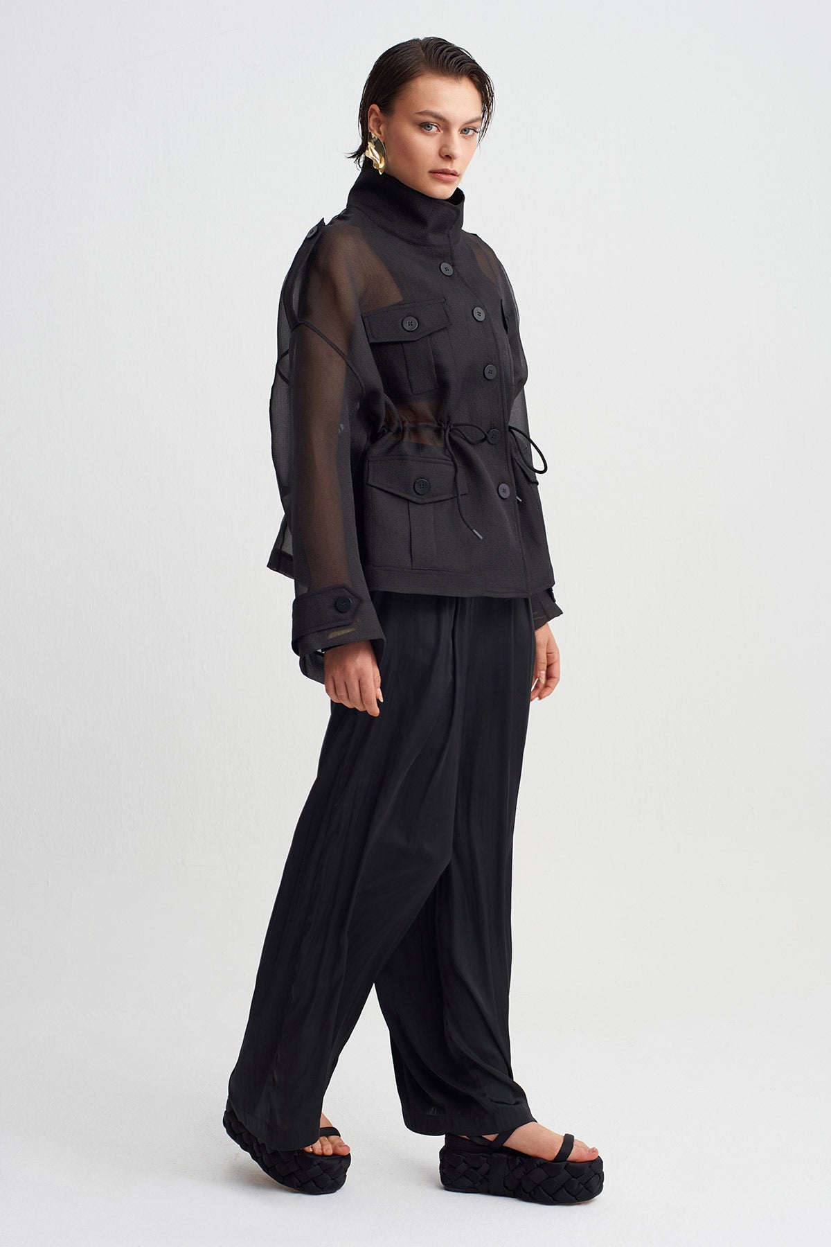 Black Gathered Waist Organza Jacket-Y265015092