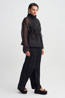 Black Gathered Waist Organza Jacket-Y265015092