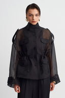 Black Gathered Waist Organza Jacket-Y265015092