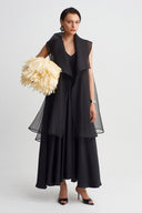 Black Cape Sleeve Organza Jacket-Y265015093