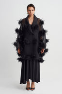 Black Floral Appliqué Organza Jacket-Y265015094