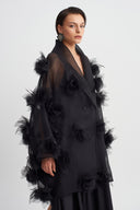 Black Floral Appliqué Organza Jacket-Y265015094