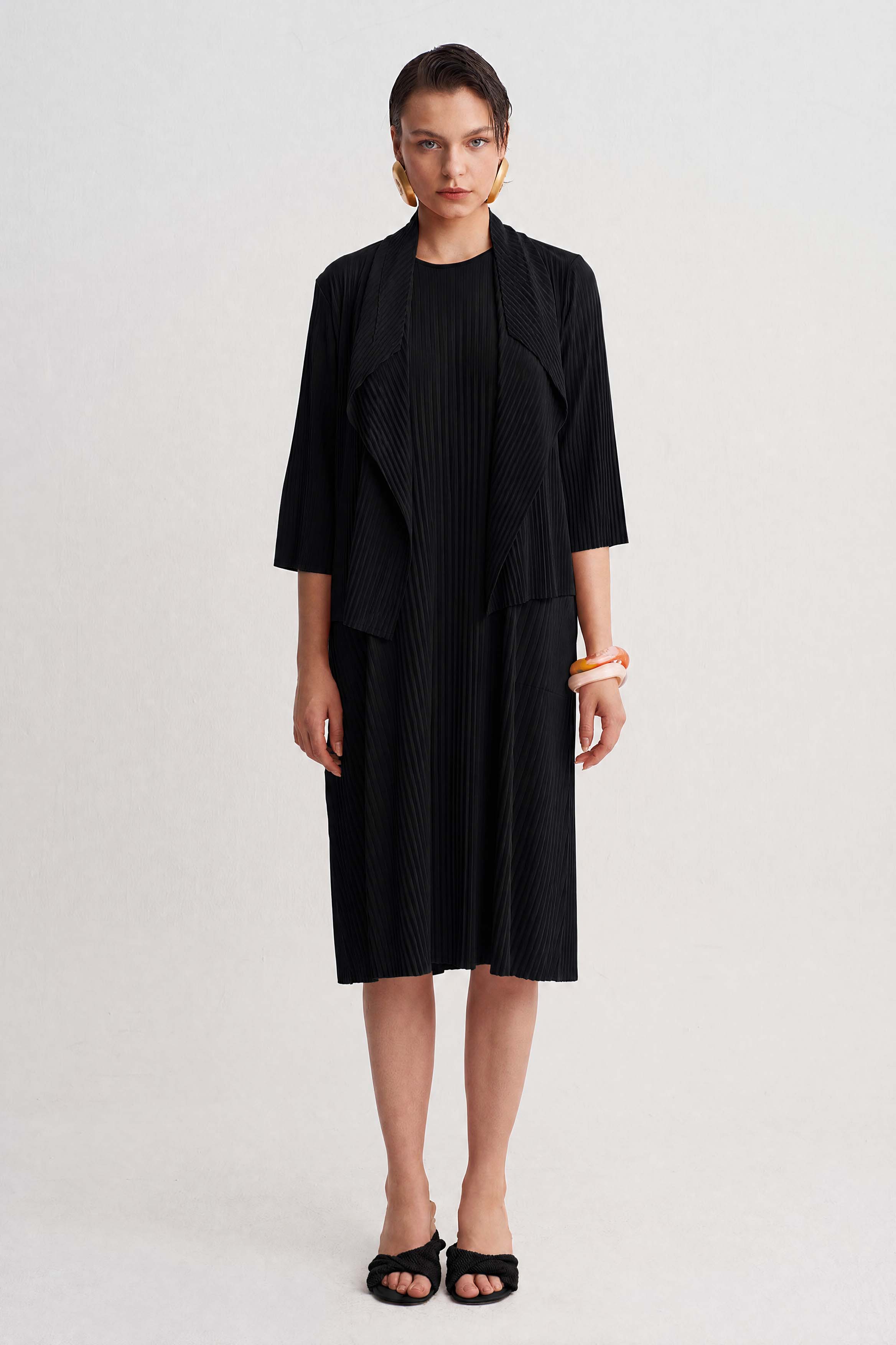 Black Shawl Collar Jersey Pleated Cardigan-Y265015111