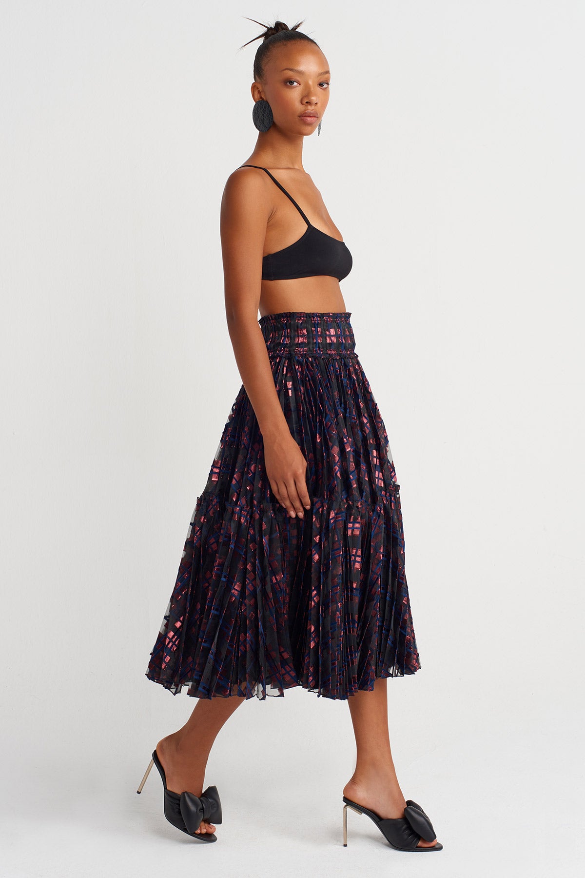 Indigo Jacquard Pleated Midi Skirt-Y262012005