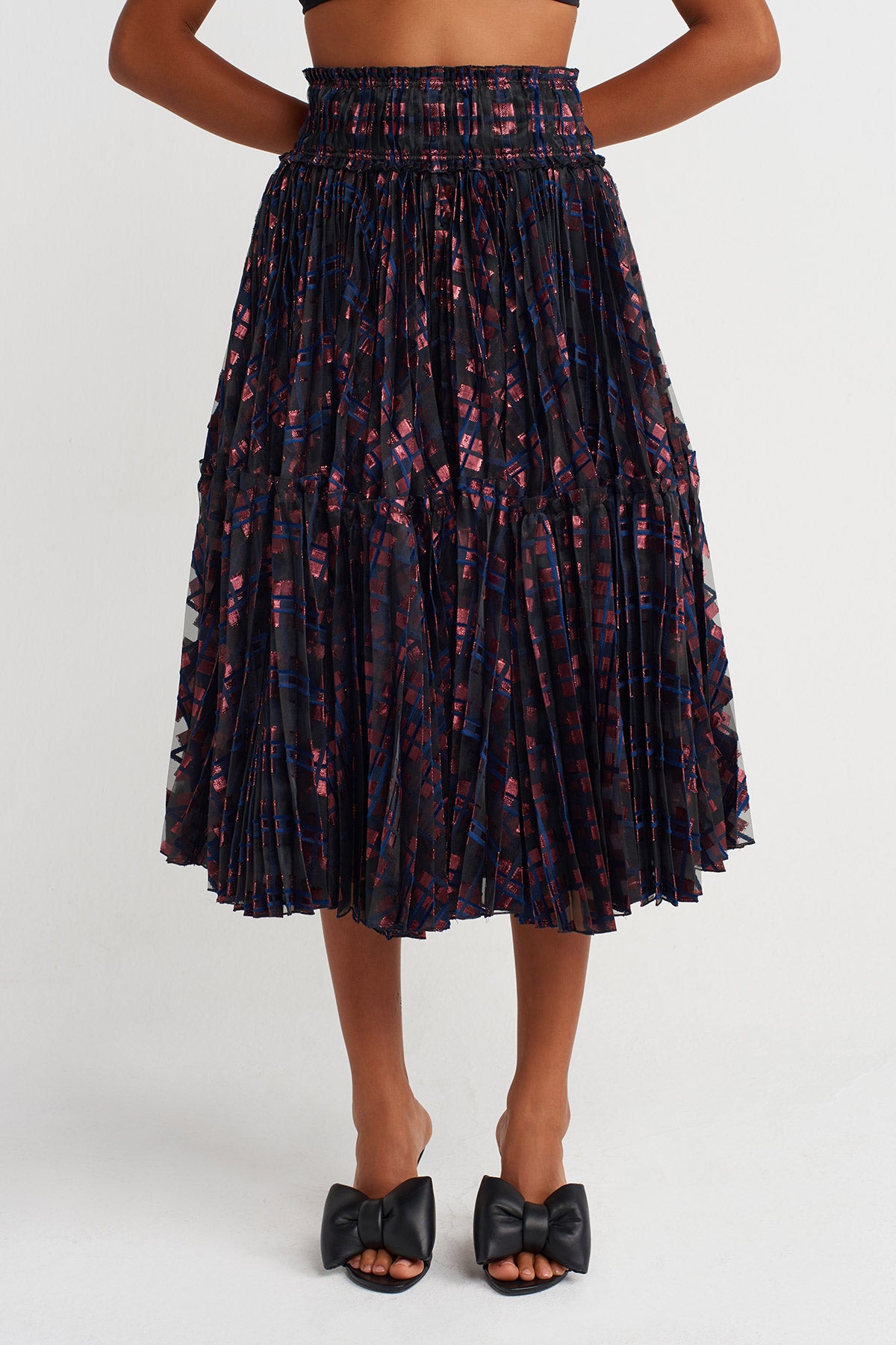 Indigo Jacquard Pleated Midi Skirt-Y262012005