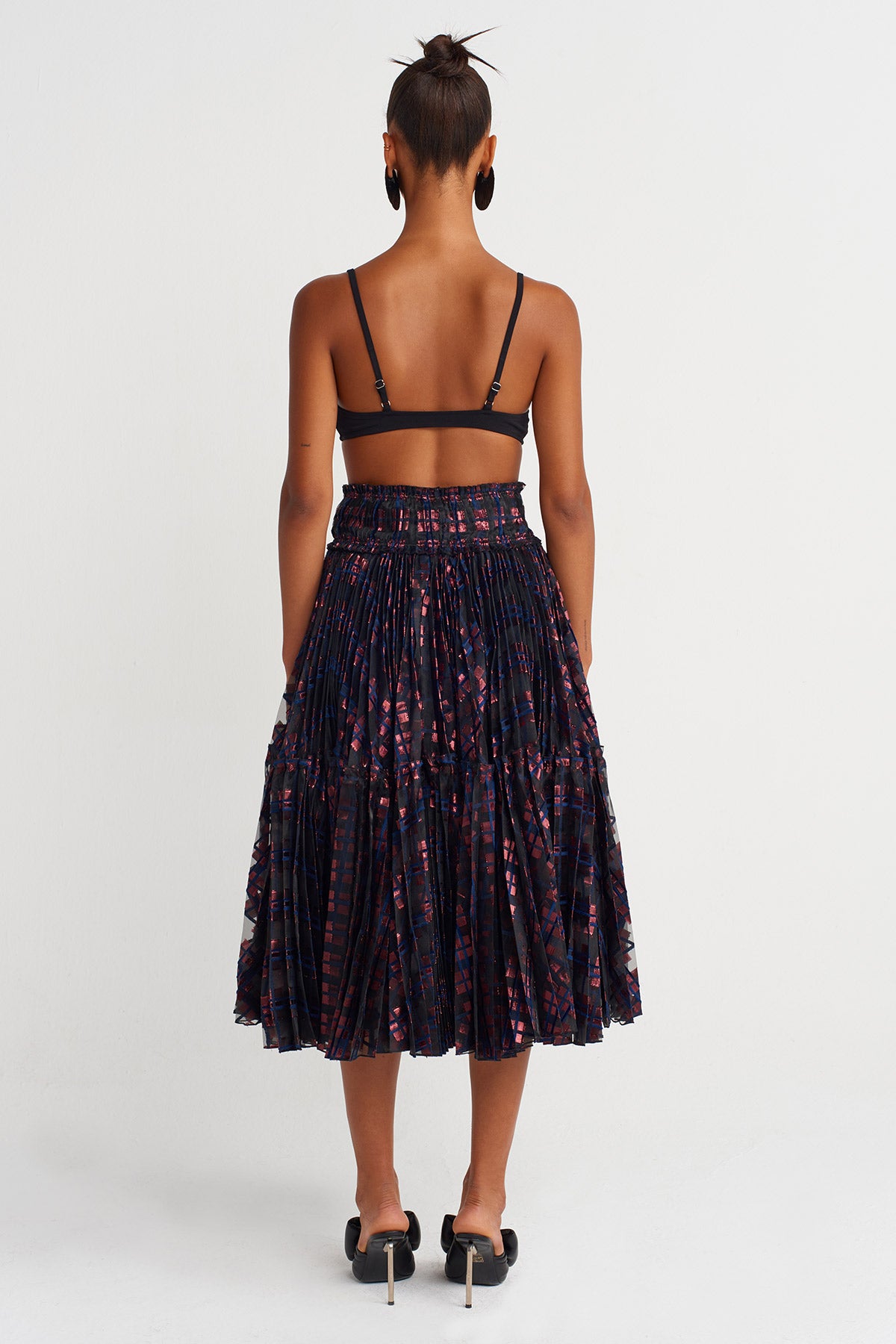 Indigo Jacquard Pleated Midi Skirt-Y262012005