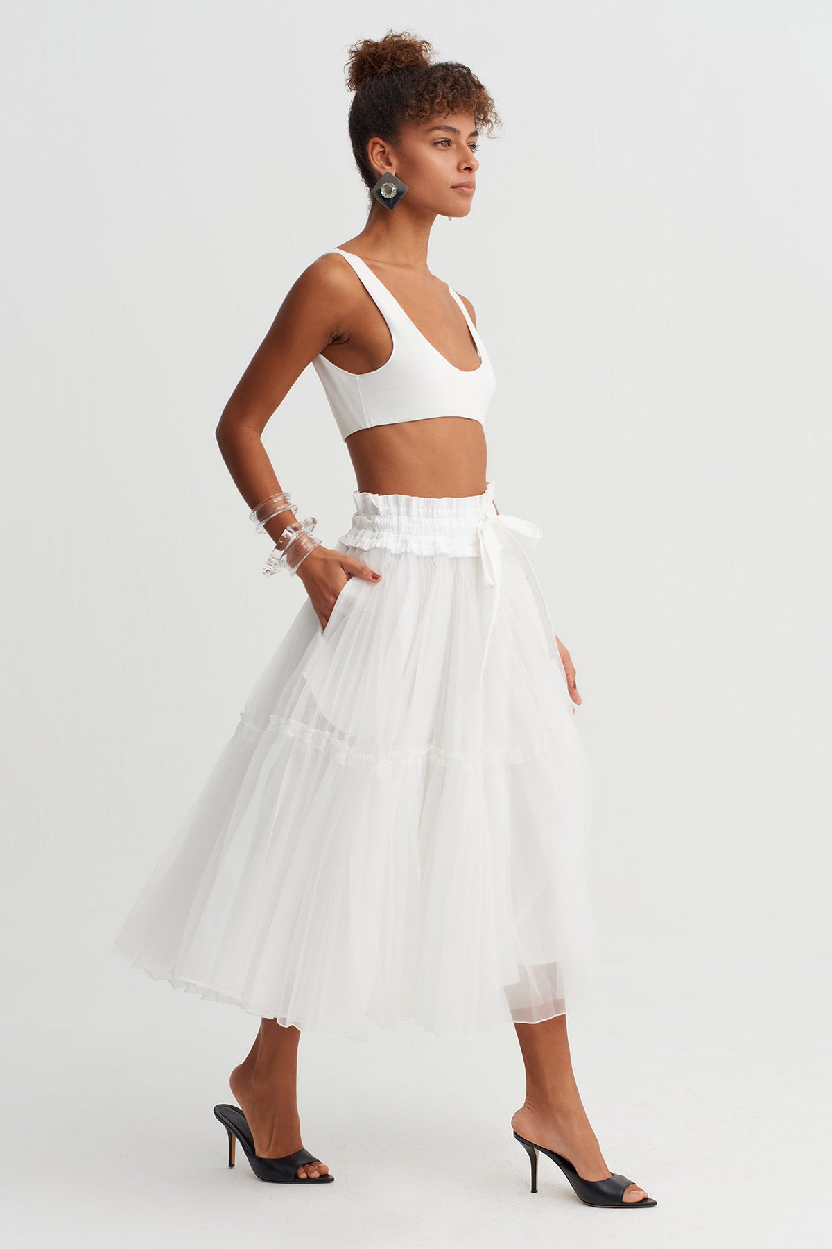 Off White Organza Midi Skirt-Y262012009