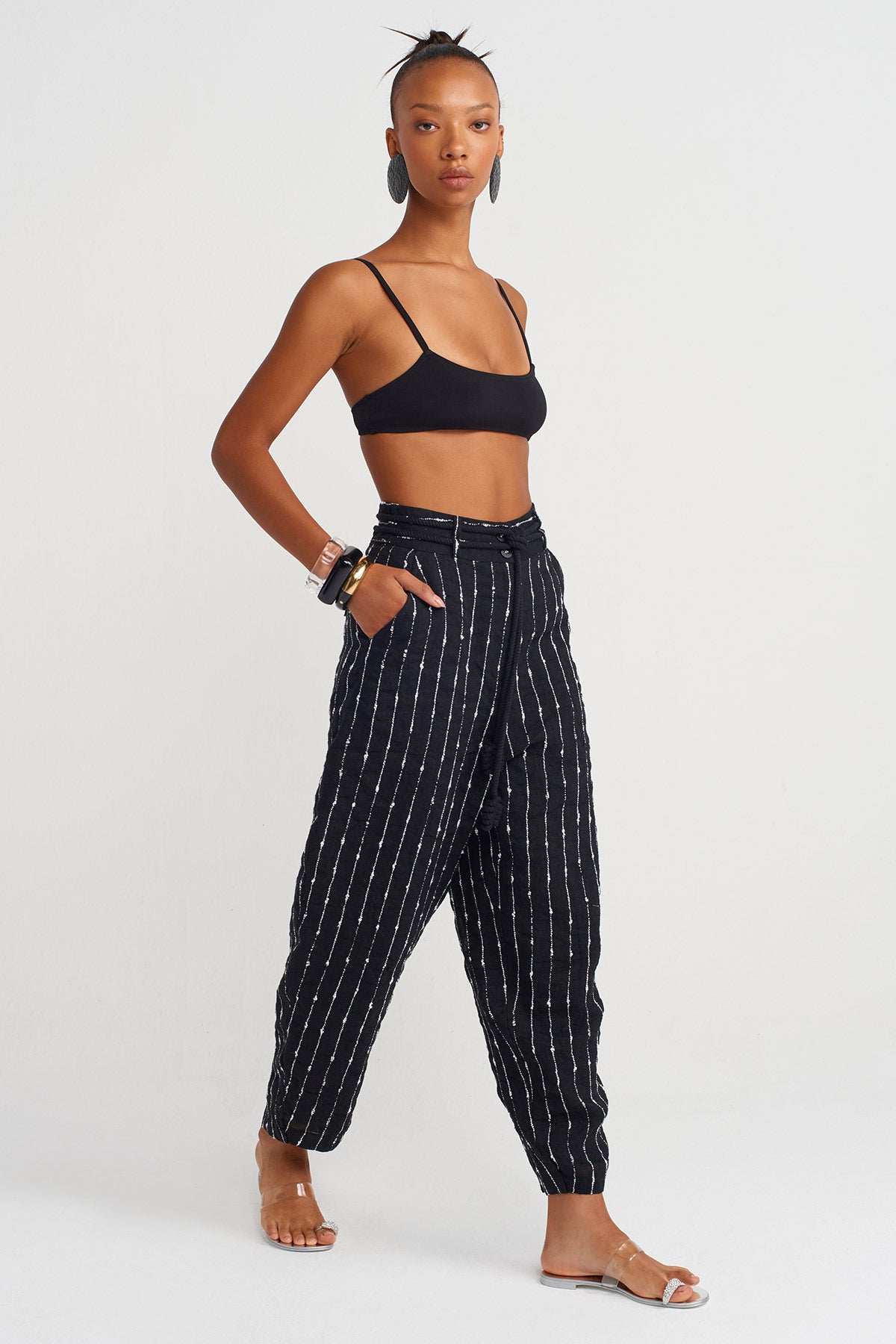 Black Textured Stripe Jogger Trousers-Y263013010