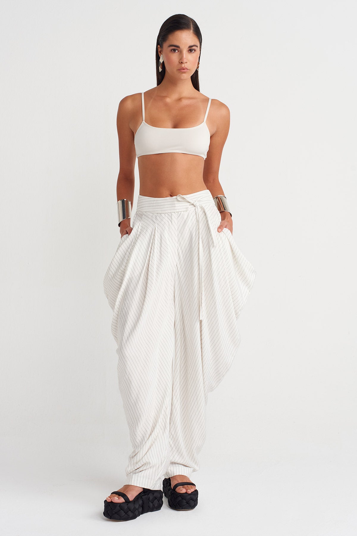 Ecru Asymmetric Draped Trousers-Y263013012