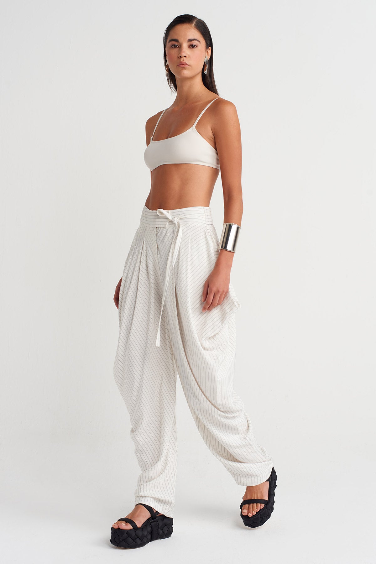 Ecru Asymmetric Draped Trousers-Y263013012