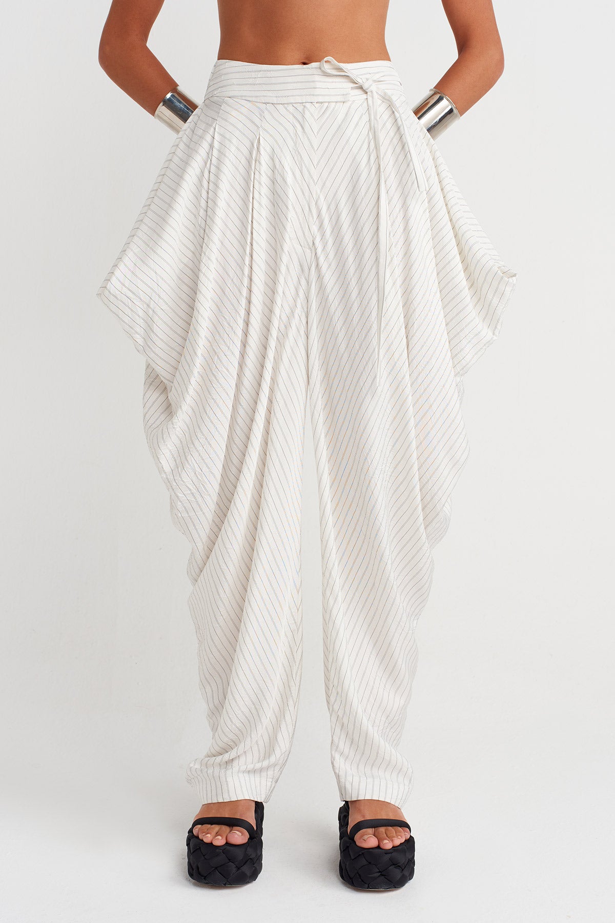 Ecru Asymmetric Draped Trousers-Y263013012