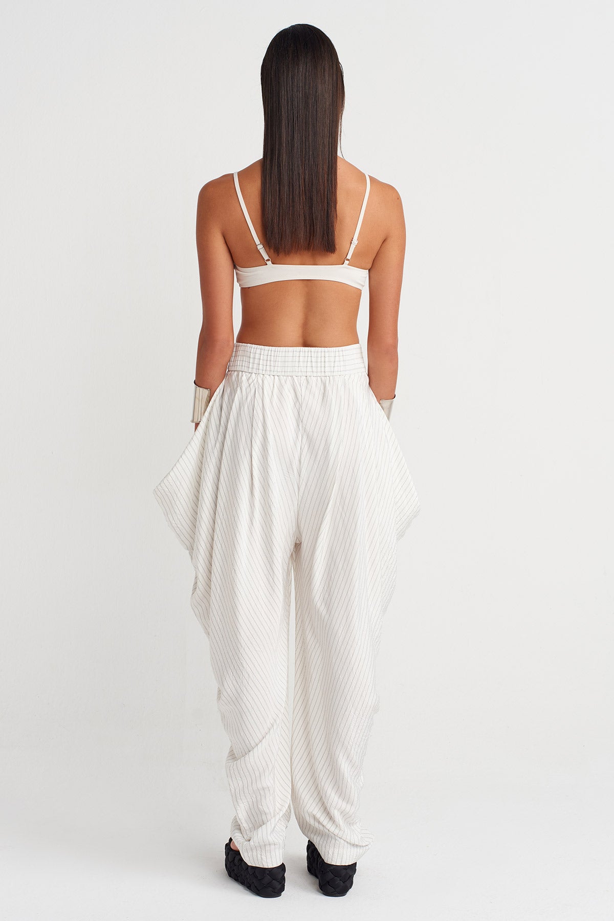 Ecru Asymmetric Draped Trousers-Y263013012