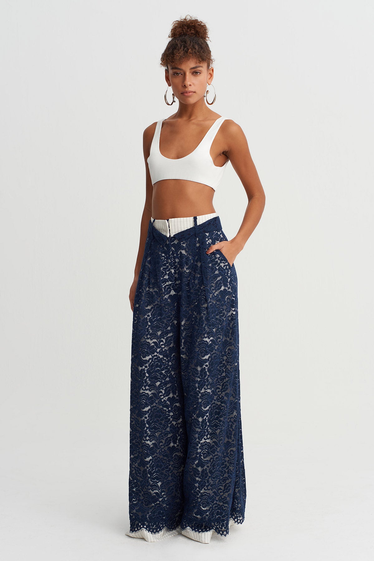 Indigo Lace Wide-Leg Trousers-Y263013027