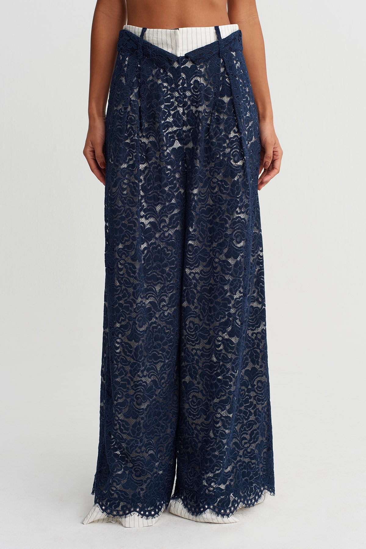 Indigo Lace Wide-Leg Trousers-Y263013027