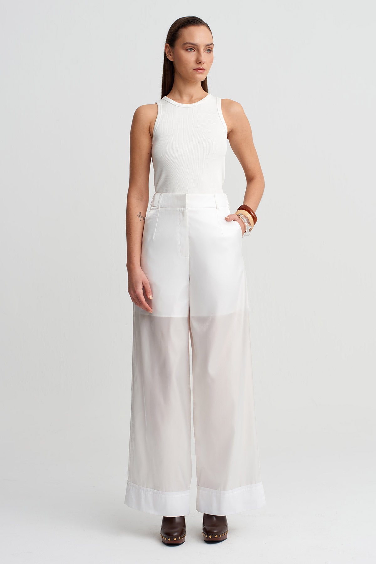 Off White High-Waist Layered Sheer Trousers-Y263013033