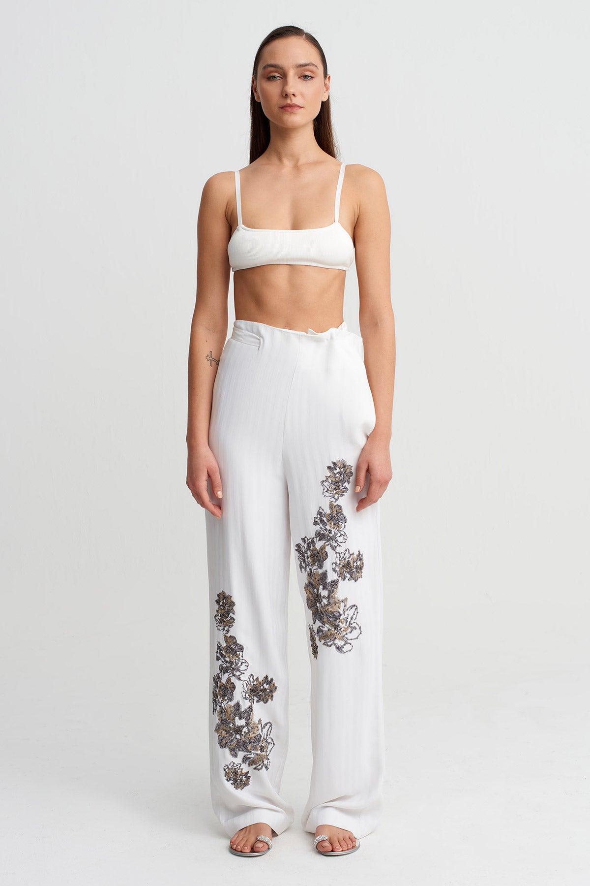 Off White Embellished Trousers-Y263013035