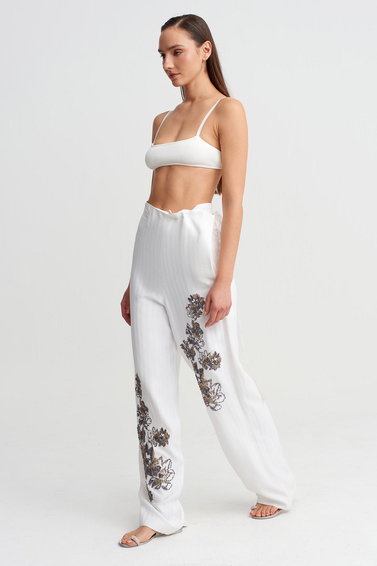Off White Embellished Trousers-Y263013035