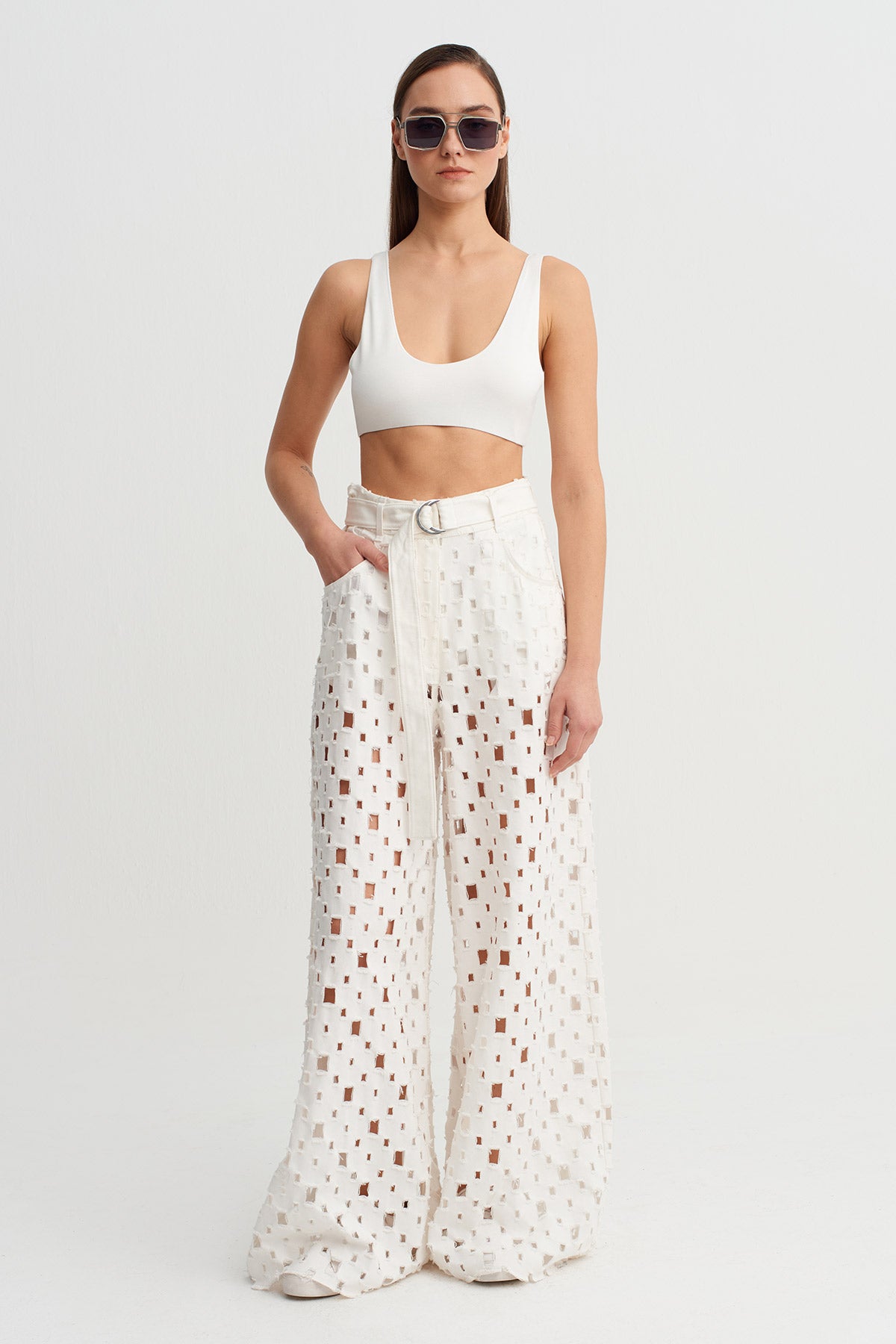 Off White Cut-Out Textured Wide-Leg Trousers-Y263013048
