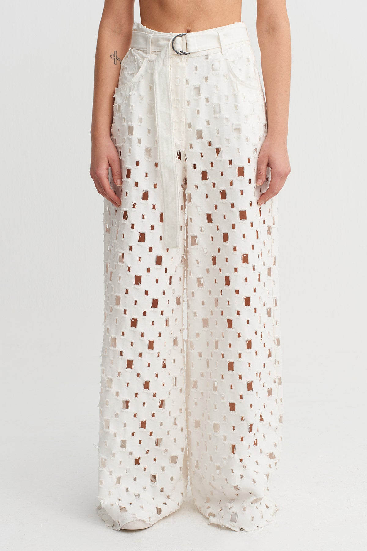 Off White Cut-Out Textured Wide-Leg Trousers-Y263013048